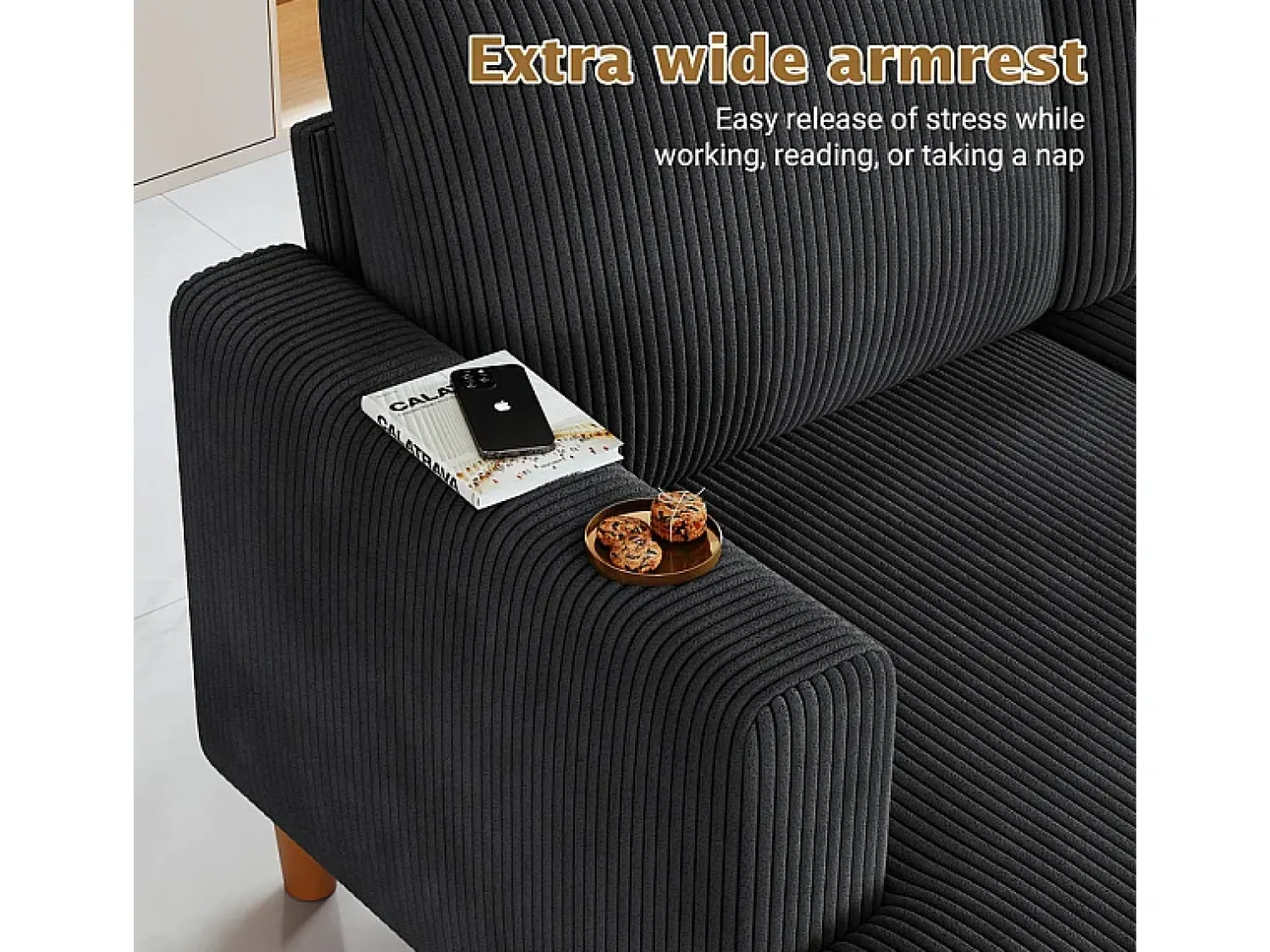 Sofá*DripeX Grande sofá de canto panorâmico - 4 lugares - chaise longue 109cm - de veludo cotelê - 269x140x86 - Preto