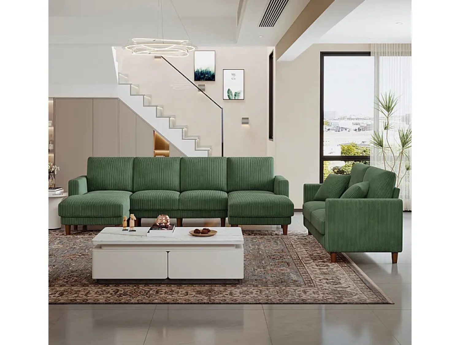Sale DripeX Grande sofá de canto panorâmico - 4 lugares - chaise longue 109cm - de veludo cotelê - 269x140x86 - Verde