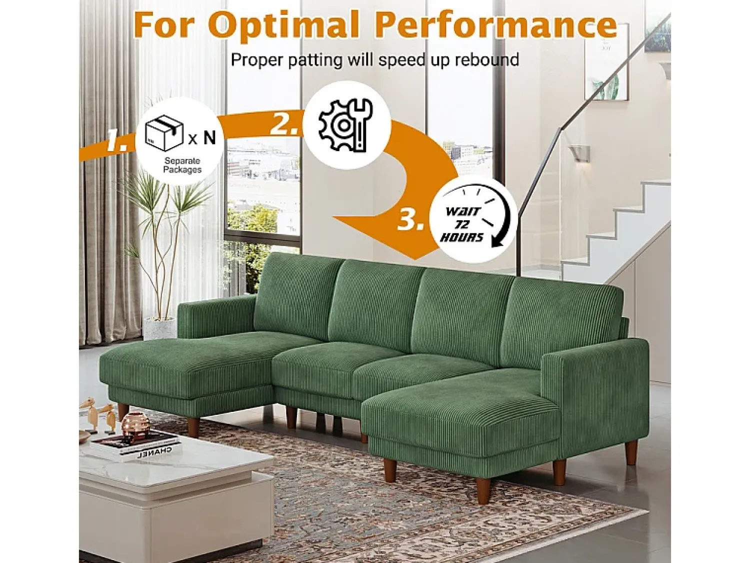 Sale DripeX Grande sofá de canto panorâmico - 4 lugares - chaise longue 109cm - de veludo cotelê - 269x140x86 - Verde