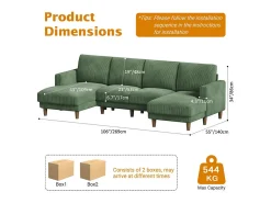 Sale DripeX Grande sofá de canto panorâmico - 4 lugares - chaise longue 109cm - de veludo cotelê - 269x140x86 - Verde
