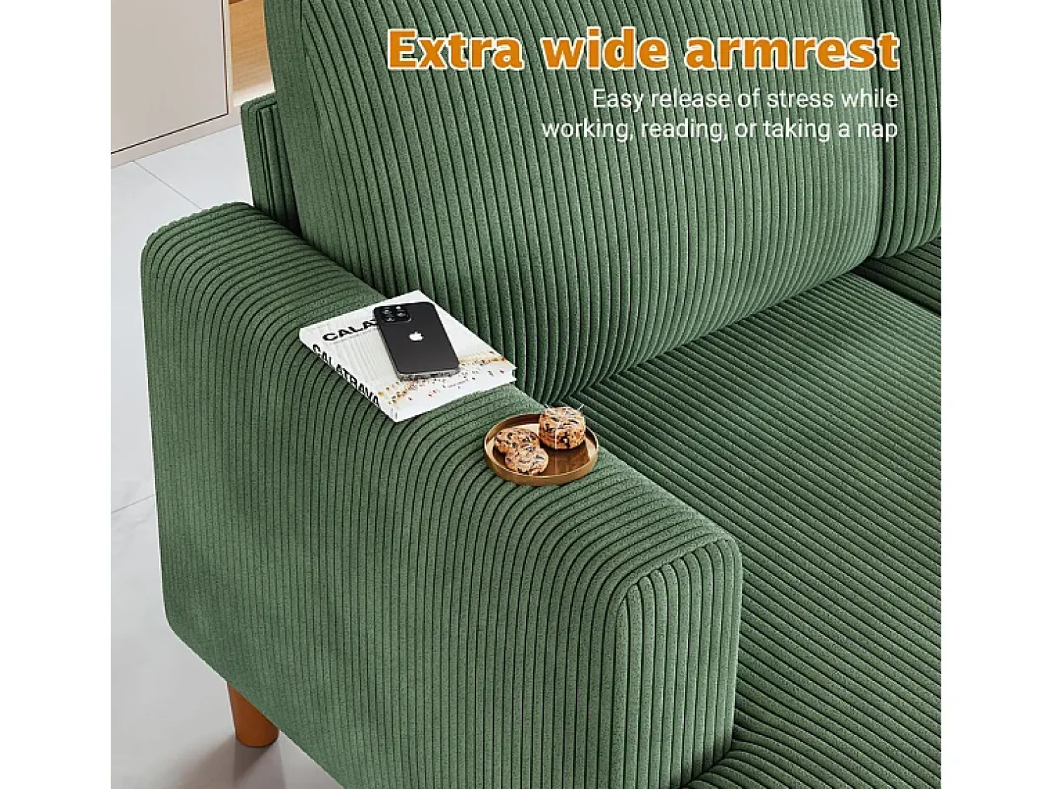 Sale DripeX Grande sofá de canto panorâmico - 4 lugares - chaise longue 109cm - de veludo cotelê - 269x140x86 - Verde