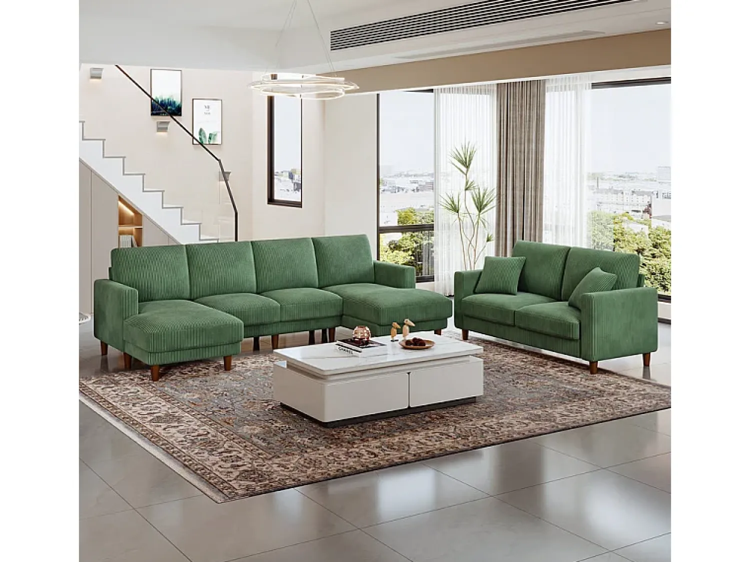 Sale DripeX Grande sofá de canto panorâmico - 4 lugares - chaise longue 109cm - de veludo cotelê - 269x140x86 - Verde