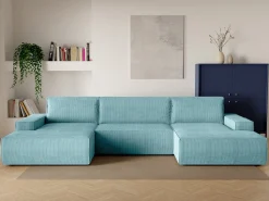 Sofá*Vente-unique Grande sofá de canto panorâmico convertível veludo canelado azul-turquesa AMELIA Azul turquesa