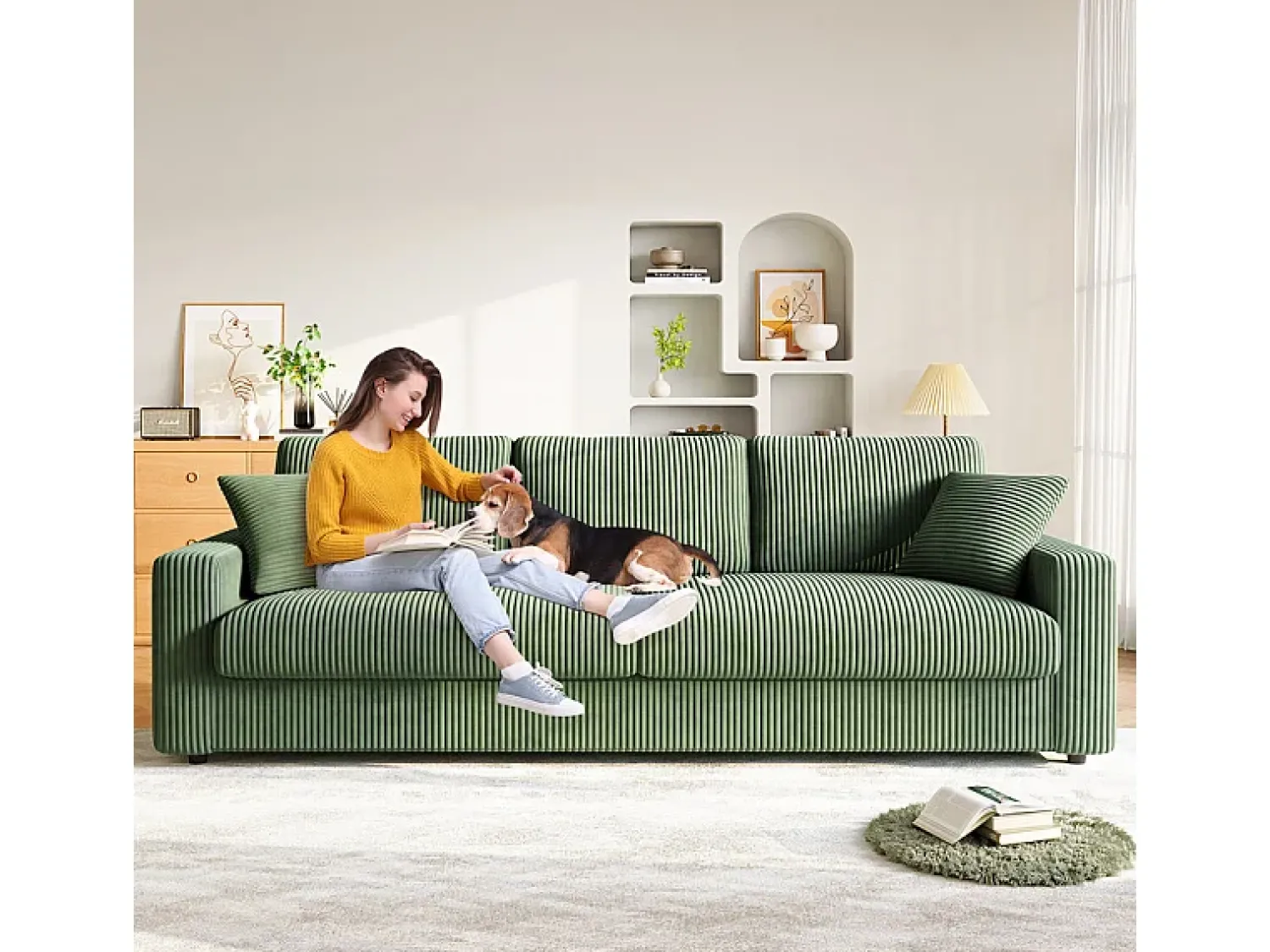 DripeX Grande sofá em veludo canelado com 2 almofadas - - 256 x 89 x 88 cm^ Sofá