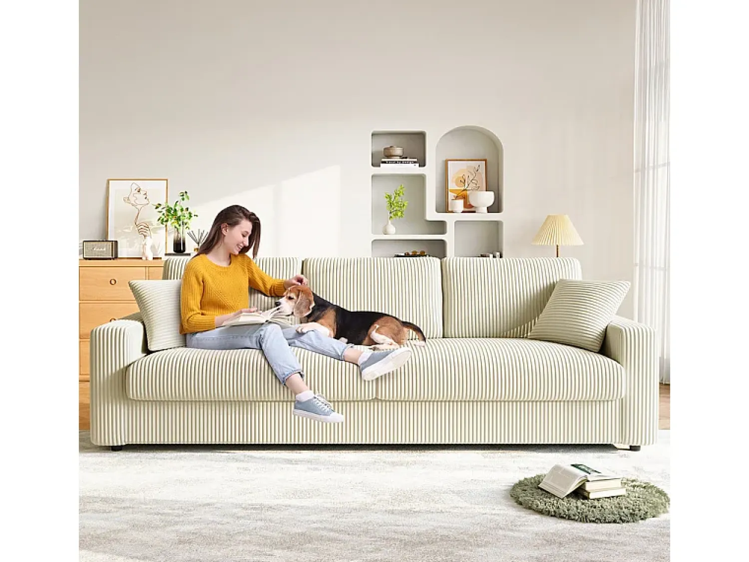 Sofá*DripeX Grande sofá em veludo canelado com 2 almofadas - - 256 x 89 x 88 cm Bege