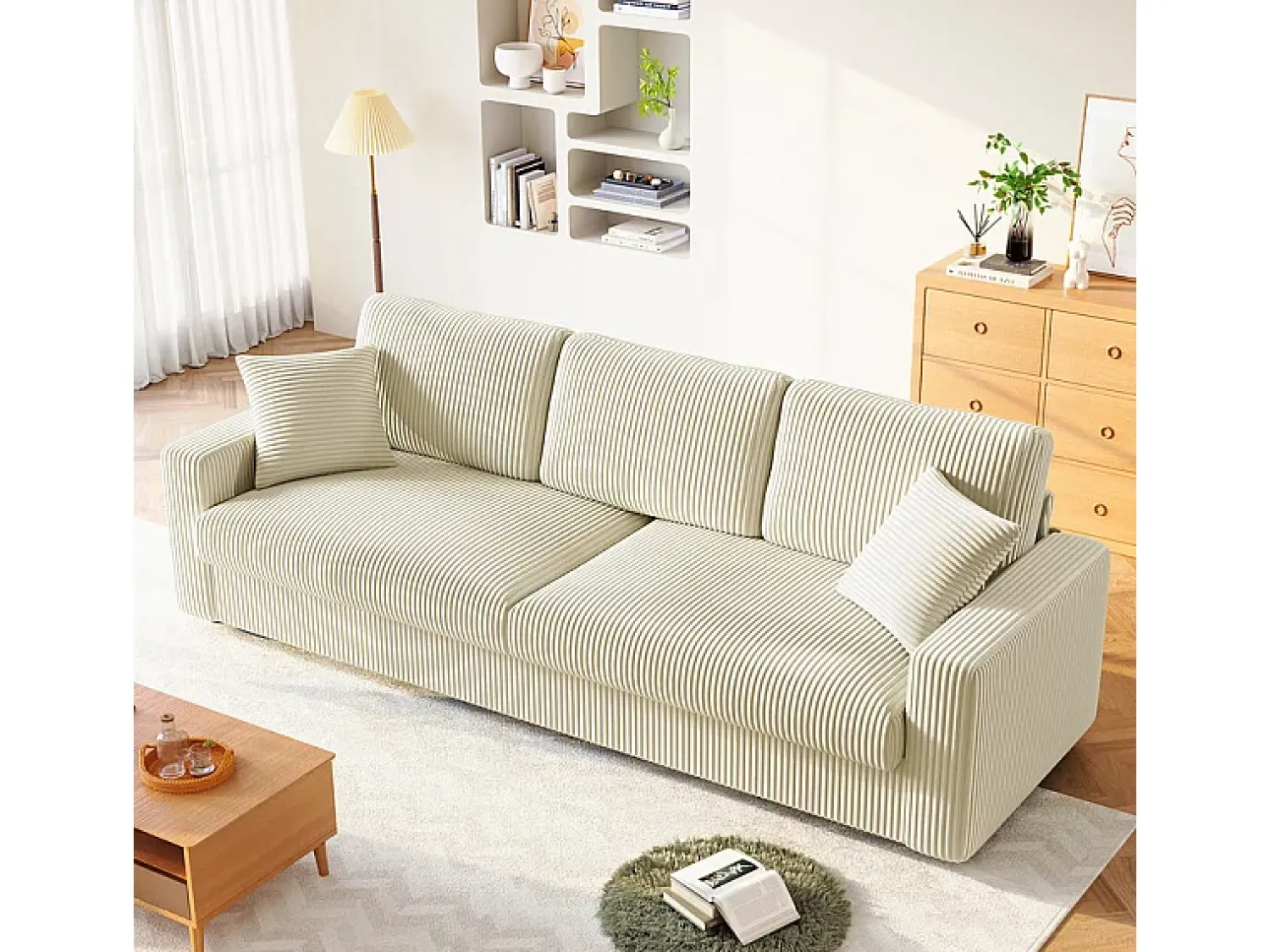 Sofá*DripeX Grande sofá em veludo canelado com 2 almofadas - - 256 x 89 x 88 cm Bege