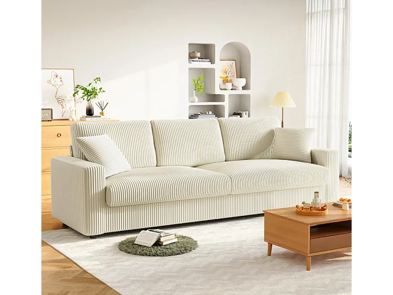Sofá*DripeX Grande sofá em veludo canelado com 2 almofadas - - 256 x 89 x 88 cm Bege