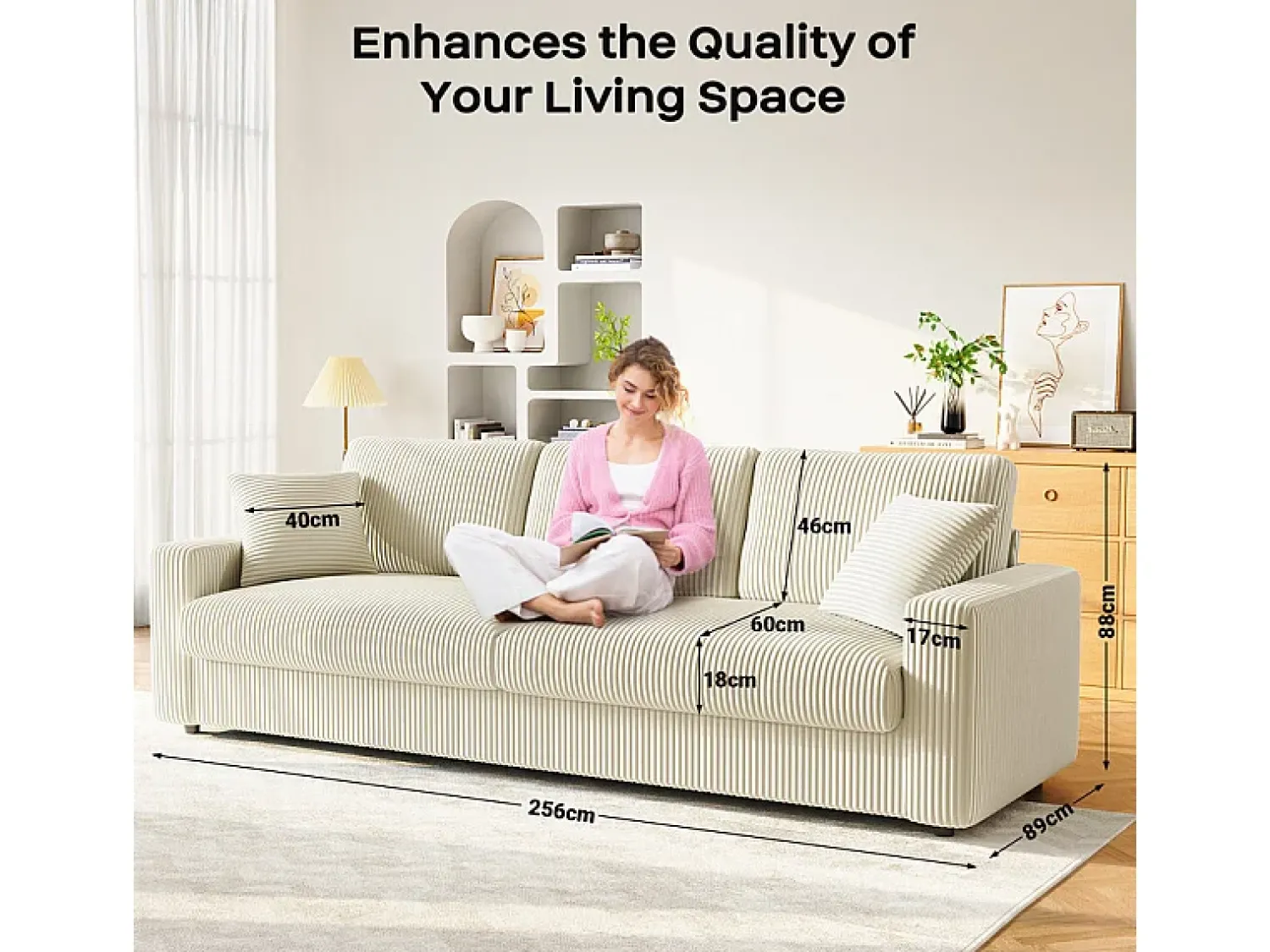 Sofá*DripeX Grande sofá em veludo canelado com 2 almofadas - - 256 x 89 x 88 cm Bege
