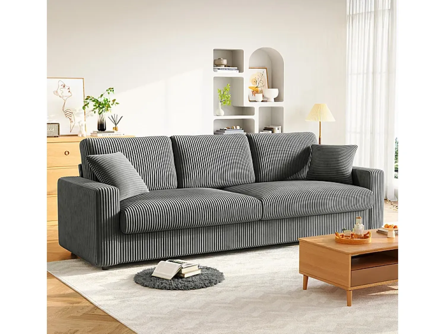DripeX Grande sofá em veludo canelado com 2 almofadas - Cinza - 256 x 89 x 88 cm^ Sofá