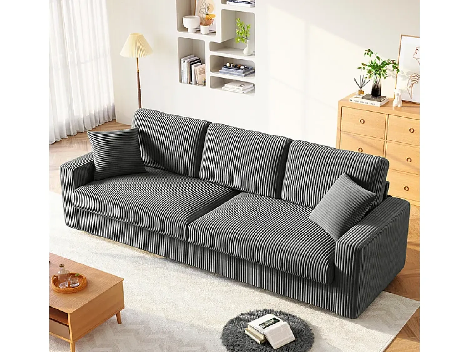 DripeX Grande sofá em veludo canelado com 2 almofadas - Cinza - 256 x 89 x 88 cm^ Sofá