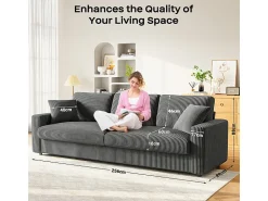 DripeX Grande sofá em veludo canelado com 2 almofadas - Cinza - 256 x 89 x 88 cm^ Sofá