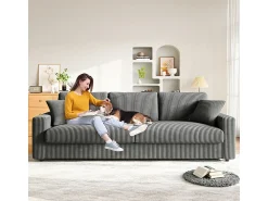 DripeX Grande sofá em veludo canelado com 2 almofadas - Cinza - 256 x 89 x 88 cm^ Sofá