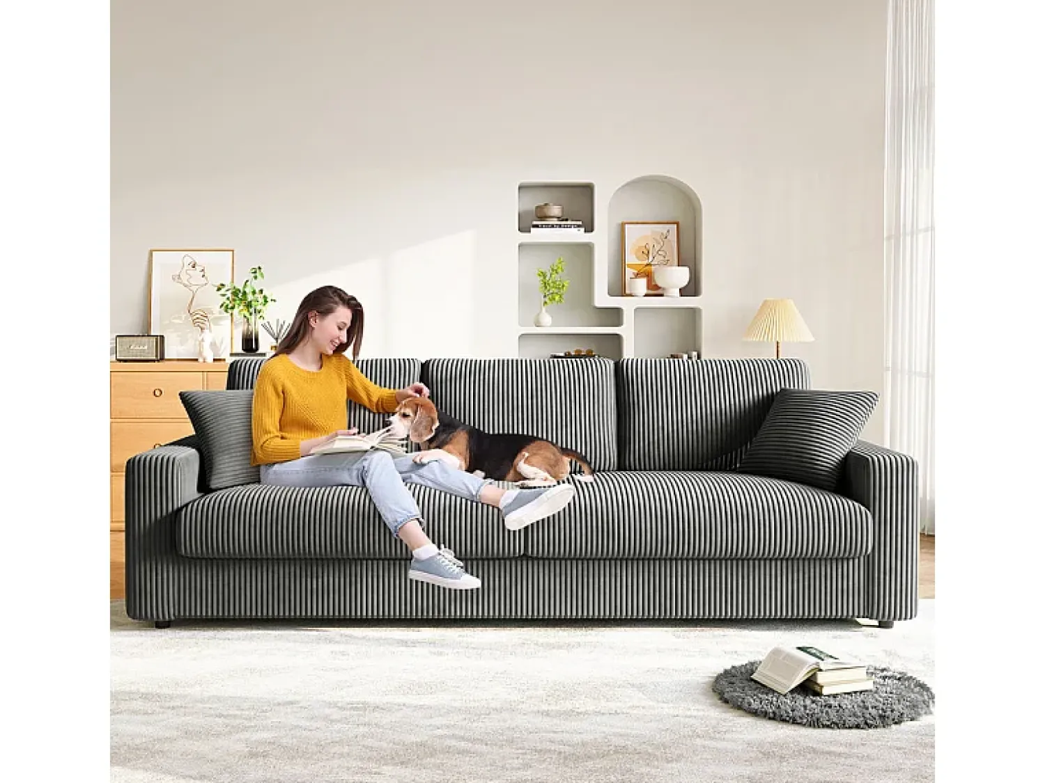 DripeX Grande sofá em veludo canelado com 2 almofadas - Cinza - 256 x 89 x 88 cm^ Sofá