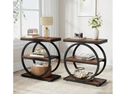 Mesa De Apoio|Tribesigns Guarda - coisas estreita com 3 níveis, Mesa de sala em madeira com estrutura em metal preto, Mesa baixa industrial para sofá Castanho