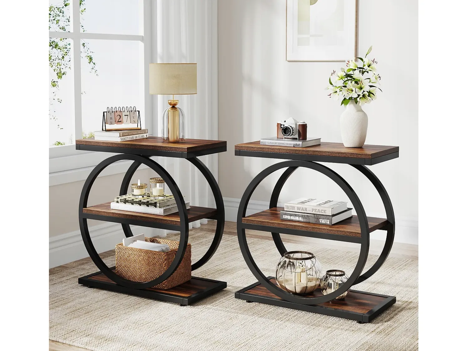 Mesa De Apoio|Tribesigns Guarda - coisas estreita com 3 níveis, Mesa de sala em madeira com estrutura em metal preto, Mesa baixa industrial para sofá Castanho
