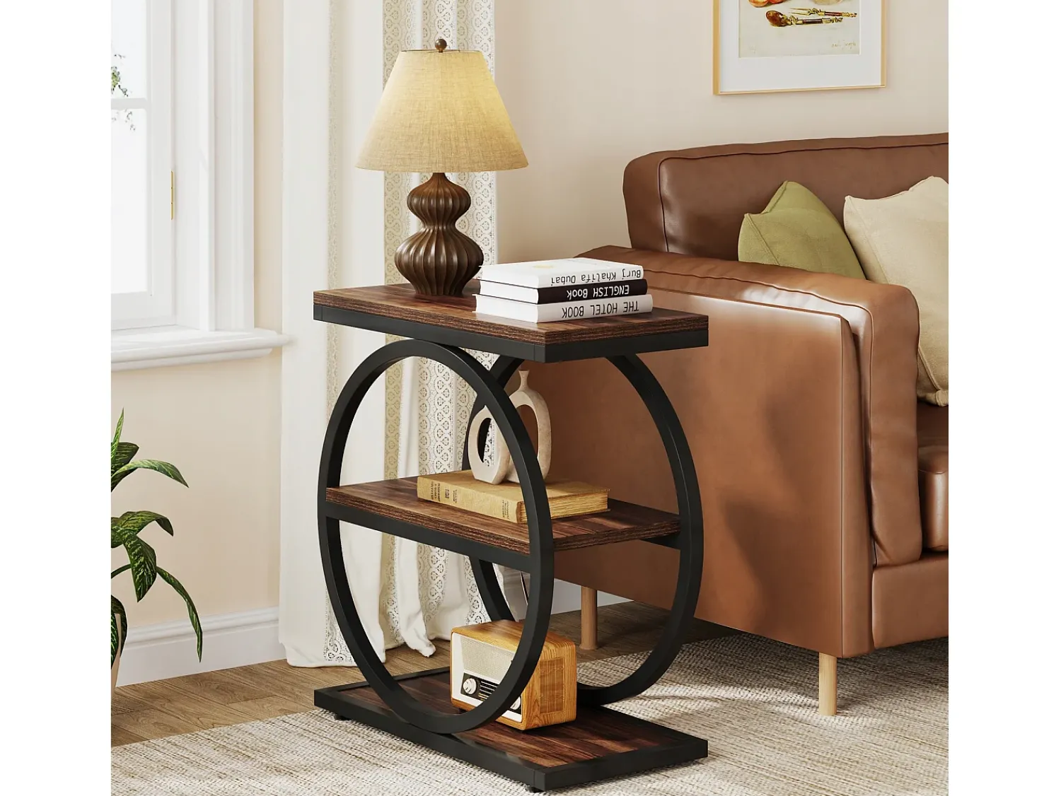 Mesa De Apoio|Tribesigns Guarda - coisas estreita com 3 níveis, Mesa de sala em madeira com estrutura em metal preto, Mesa baixa industrial para sofá Castanho
