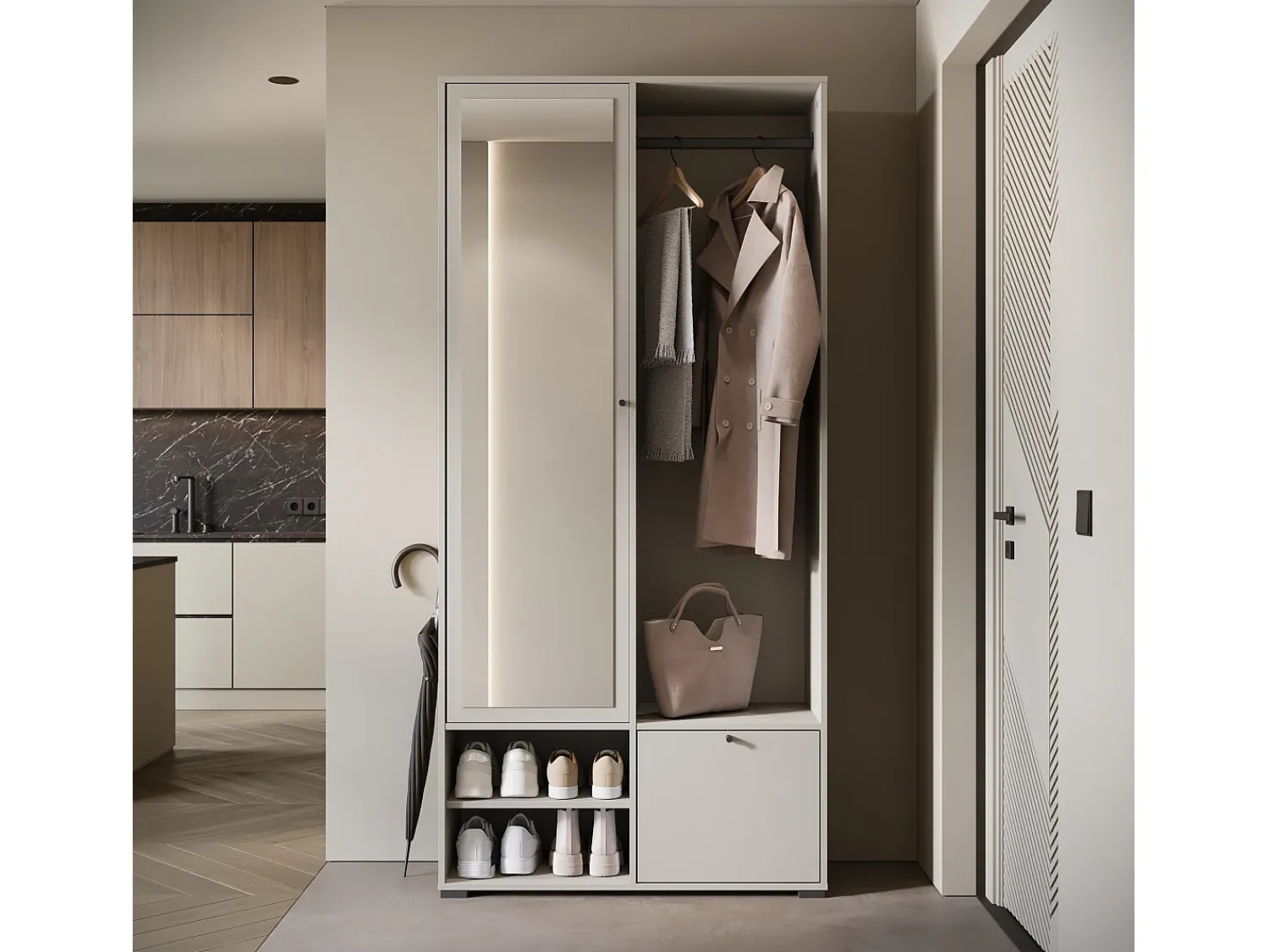 Guarda roupa moderna 90 cm roupeiro de entrada com espelho prateleiras e varão mate caxemira Bege