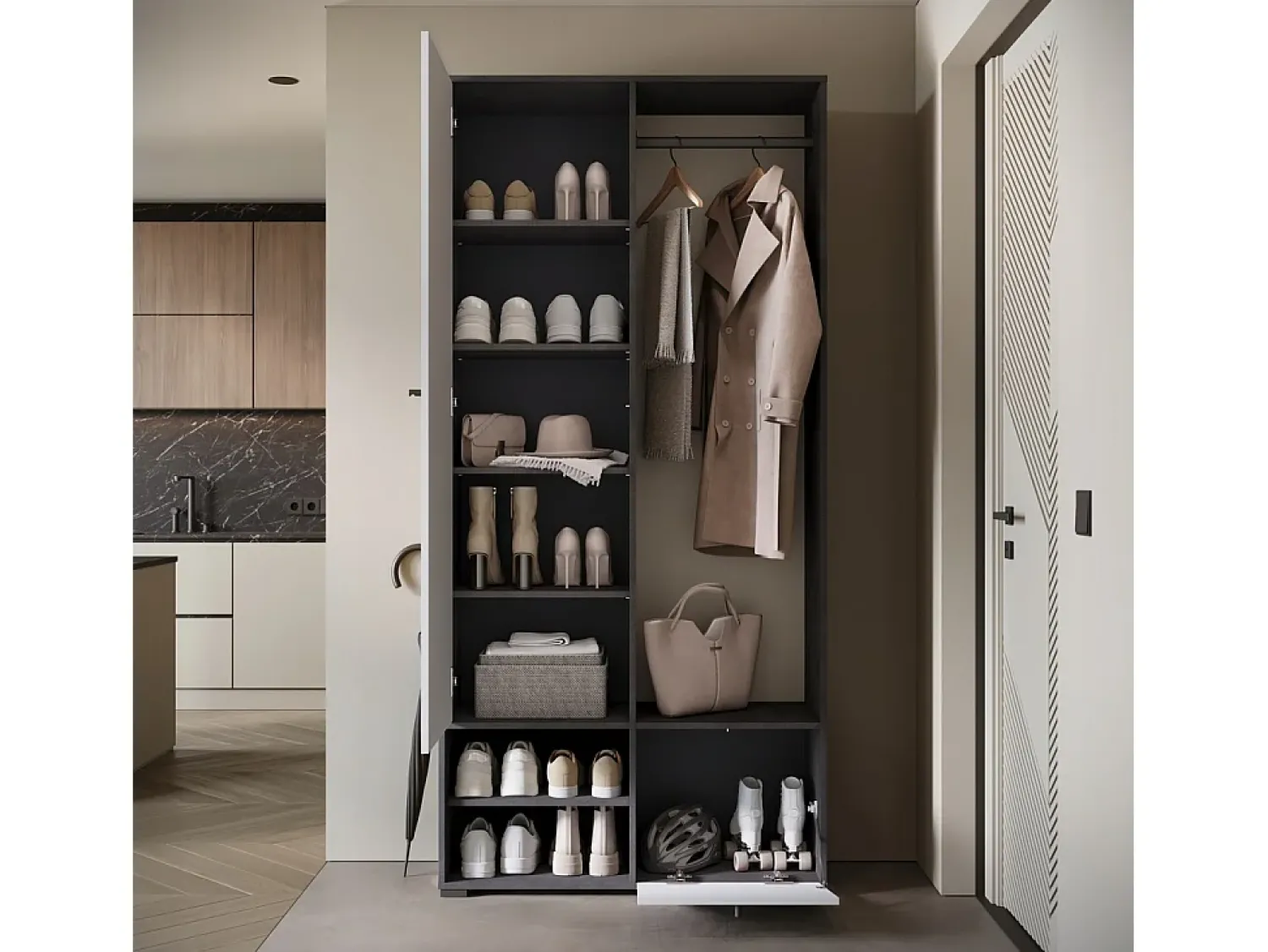 Móvel De Entrada| Guarda roupa moderna 90 cm roupeiro de entrada com espelho prateleiras e varão mate matera branco Multicor