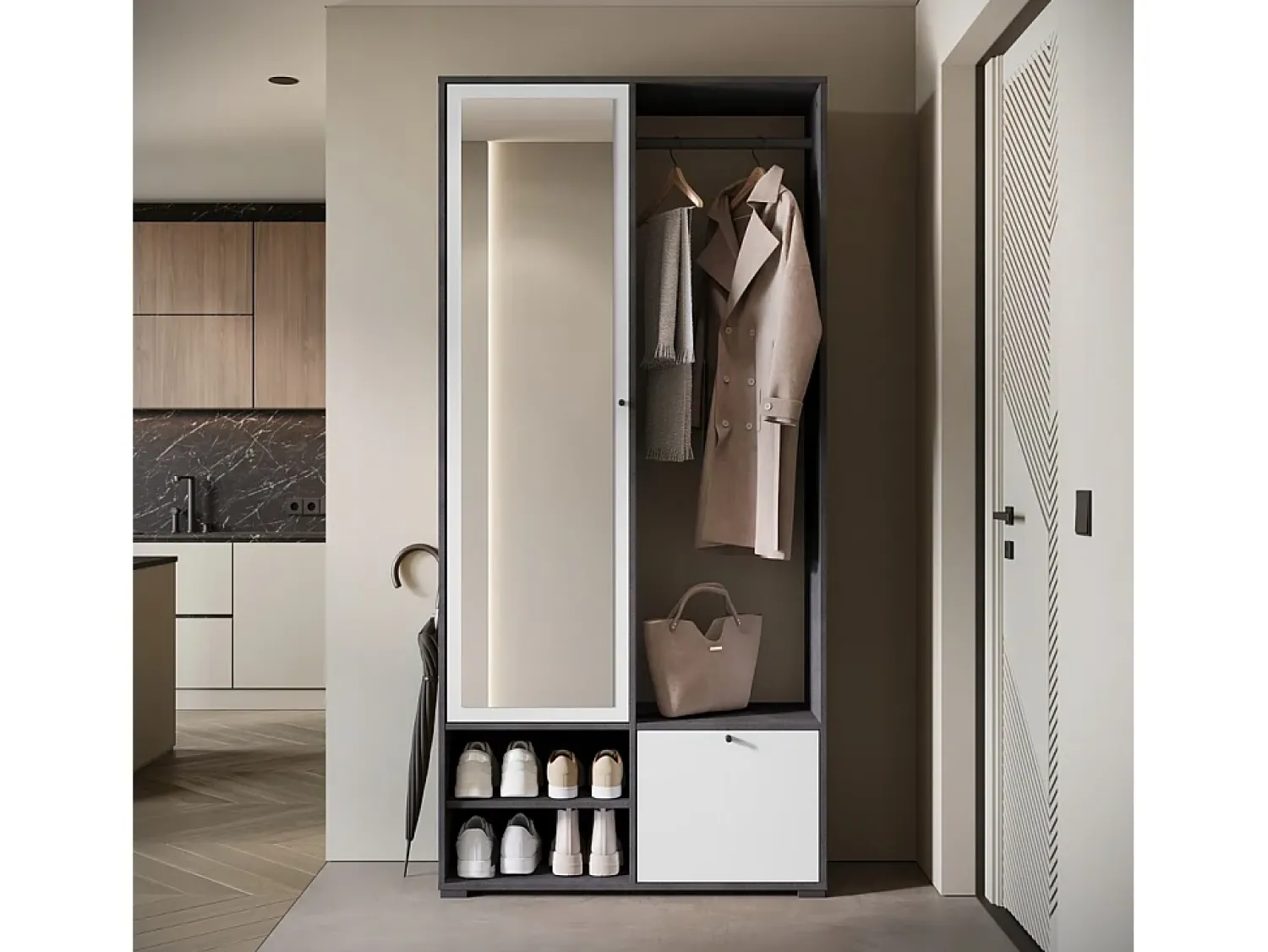 Móvel De Entrada| Guarda roupa moderna 90 cm roupeiro de entrada com espelho prateleiras e varão mate matera branco Multicor