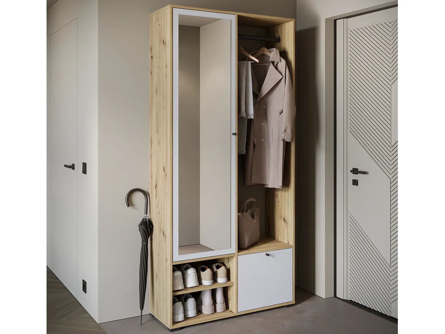 Móvel De Entrada* Guarda roupa moderna 90 cm roupeiro de entrada com espelho prateleiras e varão mate artisan branco Natural claro / Branco
