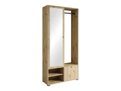 Móvel De Entrada| Guarda roupa moderna 90 cm roupeiro de entrada com espelho prateleiras e varão mate artisan Natural claro