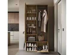 Móvel De Entrada| Guarda roupa moderna 90 cm roupeiro de entrada com espelho prateleiras e varão mate artisan Natural claro