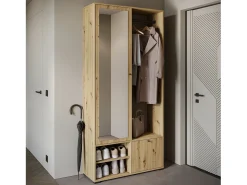 Móvel De Entrada| Guarda roupa moderna 90 cm roupeiro de entrada com espelho prateleiras e varão mate artisan Natural claro