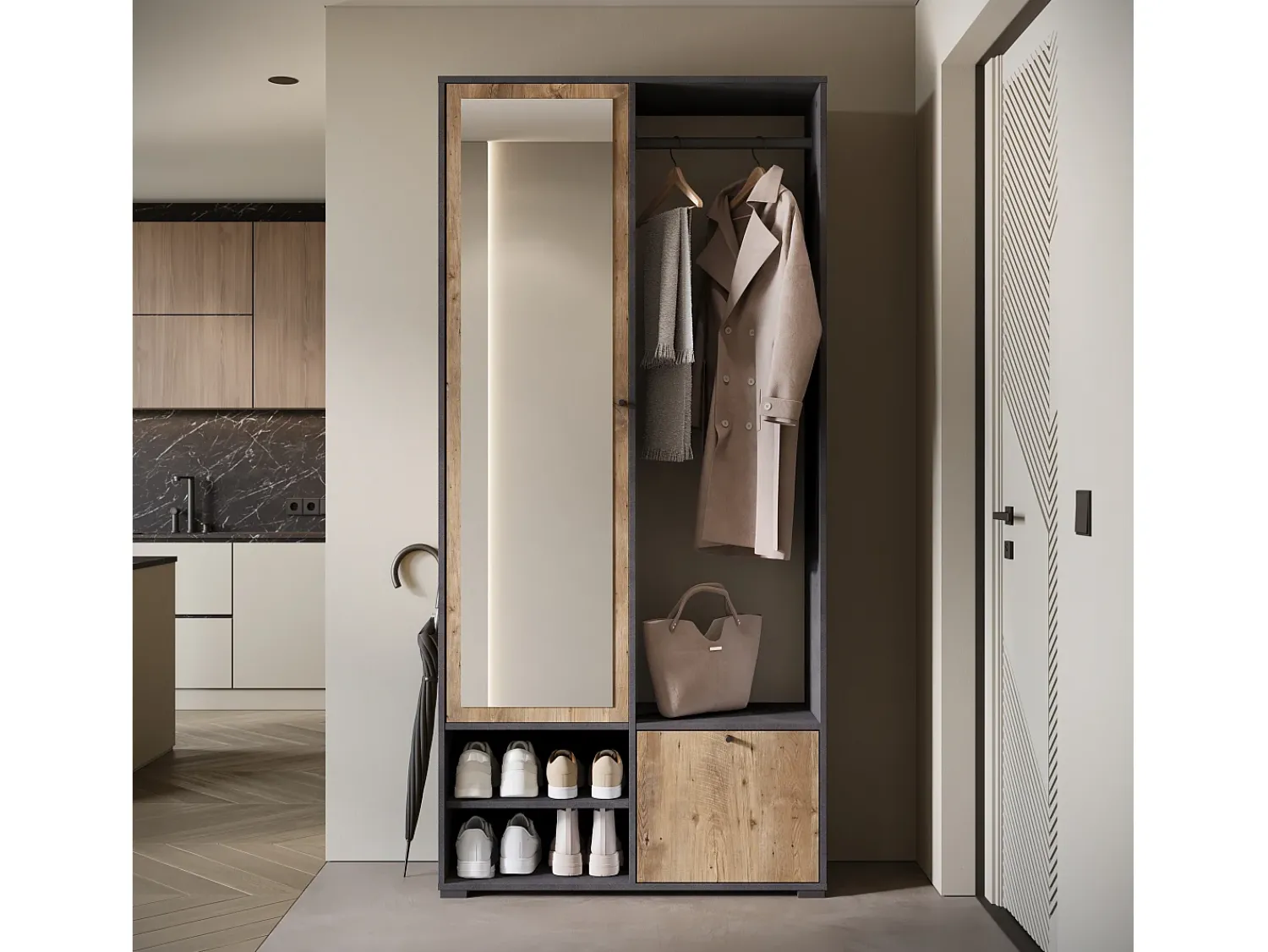 Móvel De Entrada* Guarda roupa moderna 90 cm roupeiro de entrada com espelho prateleiras e varão mate matera kastanien breslau Cinza antracite / Natural escuro
