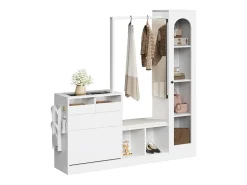Merax Guarda-roupa 6 em 1 - 163 x 35 x 161 cm - espelho + banco e sapateira + vitrina + LEDs - aglomerado -^ Móvel De Entrada
