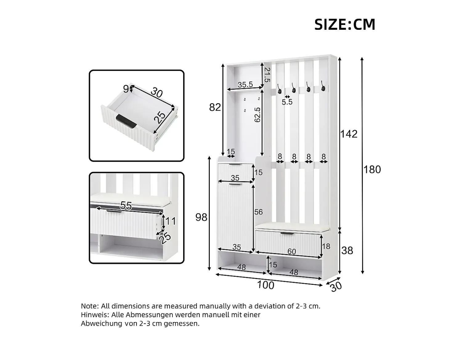 Móvel De Entrada*ModernLuxe Guarda-roupa 6 em 1 100×30×180 cm - com 8 ganchos e banco para sapatos - com 2 gavetas e 1 porta - com sapateiro - Branco