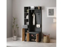 Merax Guarda-roupa com 2 ganchos - 80 x 35 x 175 cm - com banco para sapatos + armário + 1 gaveta - aglomerado -^ Móvel De Entrada