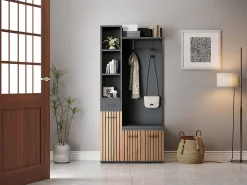 Merax Guarda-roupa com 2 ganchos - 80 x 35 x 175 cm - com banco para sapatos + armário + 1 gaveta - aglomerado -^ Móvel De Entrada
