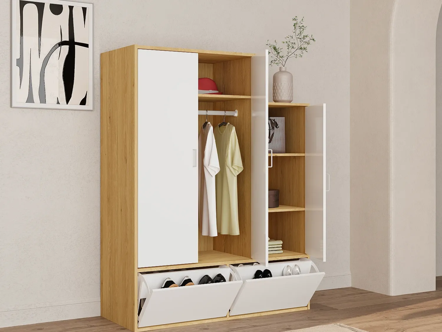 Vente-unique Guarda-roupa com 3 portas, barra pendurados e 2 compartimentos branco e natural - NYVELA^ Móvel De Entrada