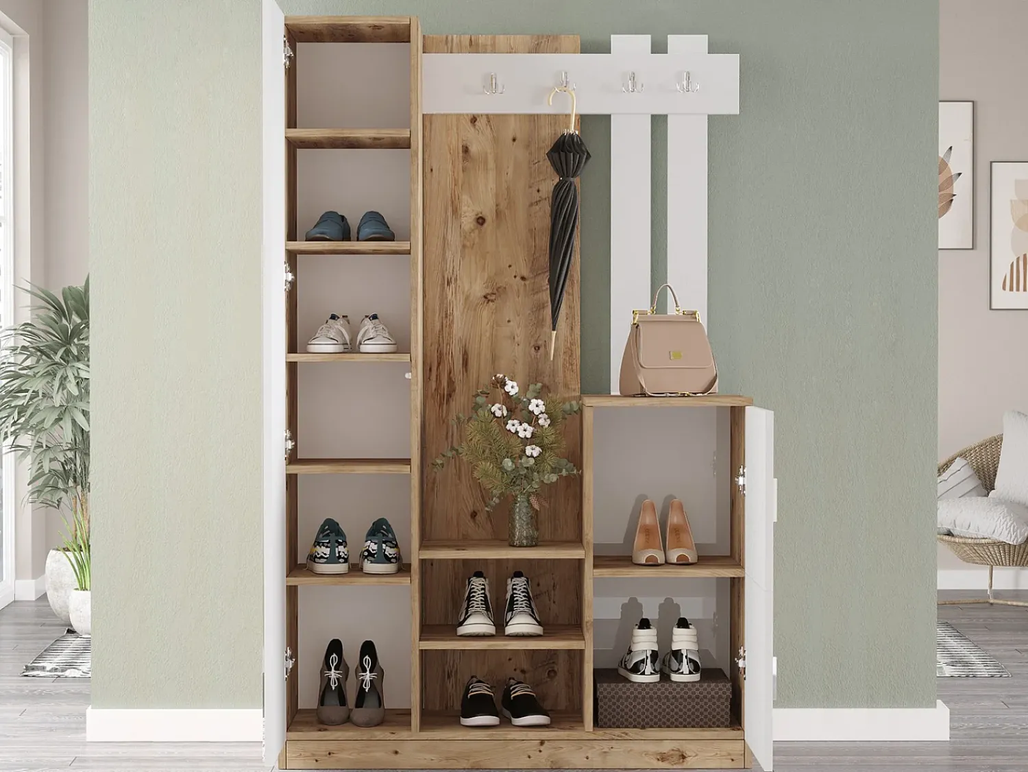 Móvel De Entrada|Vente-unique Guarda-roupa com 3 portas e 1 espelho - Branco e natural - MIROTA Natural claro / Branco
