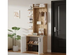Móvel De Entrada|ModernLuxe Guarda-roupa de entrada 75×33×180 cm - com cabides e organizador de sapatos - 5 compartimentos - 2 portas - natural + branco Natural claro