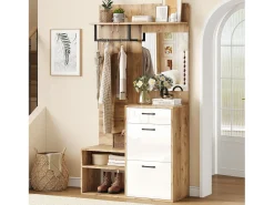 Best ModernLuxe Guarda-roupa de entrada 100×38,5×190 cm - com espelho e organizador de sapatos - com 1 gaveta e 2 compartimentos - branco + natural Natural claro