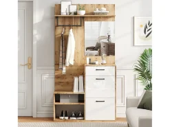 Best ModernLuxe Guarda-roupa de entrada 100×38,5×190 cm - com espelho e organizador de sapatos - com 1 gaveta e 2 compartimentos - branco + natural Natural claro