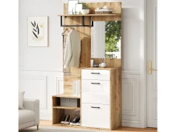 Best ModernLuxe Guarda-roupa de entrada 100×38,5×190 cm - com espelho e organizador de sapatos - com 1 gaveta e 2 compartimentos - branco + natural Natural claro