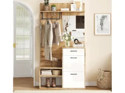 Best ModernLuxe Guarda-roupa de entrada 100×38,5×190 cm - com espelho e organizador de sapatos - com 1 gaveta e 2 compartimentos - branco + natural Natural claro