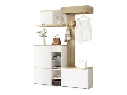 Móvel De Entrada|Merax Guarda-roupa de parede de 4 peças - com sapateira + banco + espelho de parede + cabideiro + gavetas - aglomerado - Branco