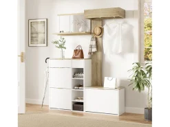 Móvel De Entrada|Merax Guarda-roupa de parede de 4 peças - com sapateira + banco + espelho de parede + cabideiro + gavetas - aglomerado - Branco