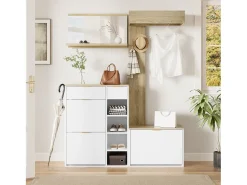 Móvel De Entrada|Merax Guarda-roupa de parede de 4 peças - com sapateira + banco + espelho de parede + cabideiro + gavetas - aglomerado - Branco