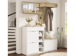 Móvel De Entrada|Merax Guarda-roupa de parede de 4 peças - com sapateira + banco + espelho de parede + cabideiro + gavetas - aglomerado - Branco