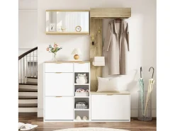 Móvel De Entrada|Merax Guarda-roupa de parede de 4 peças - com sapateira + banco + espelho de parede + cabideiro + gavetas - aglomerado - Branco
