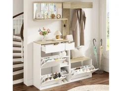 Móvel De Entrada|Merax Guarda-roupa de parede de 4 peças - com sapateira + banco + espelho de parede + cabideiro + gavetas - aglomerado - Branco