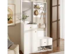 Merax Guarda-roupa moderno - 105 x 38 x 180 cm - com espelho + ganchos ajustáveis + 1 porta + 2 gavetas + banco - aglomerado -^ Móvel De Entrada