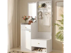 Merax Guarda-roupa moderno - 105 x 38 x 180 cm - com espelho + ganchos ajustáveis + 1 porta + 2 gavetas + banco - aglomerado -^ Móvel De Entrada