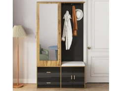 ModernLuxe Guarda-roupa 100x38x108.1 cm - Com espelho - Com sapateiro - Com ganchos e cabides retráteis - Preto + Natural^ Móvel De Entrada