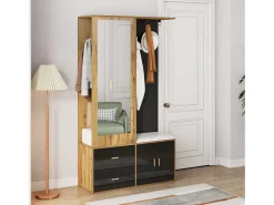 ModernLuxe Guarda-roupa 100x38x108.1 cm - Com espelho - Com sapateiro - Com ganchos e cabides retráteis - Preto + Natural^ Móvel De Entrada
