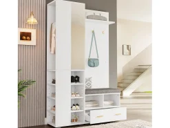 Móvel De Entrada|Merax Guarda-roupa/cabideiro - 120 x 35 x 190 cm - com banco para sapatos + 3 ganchos + espelho + gavetas - aglomerado - Branco